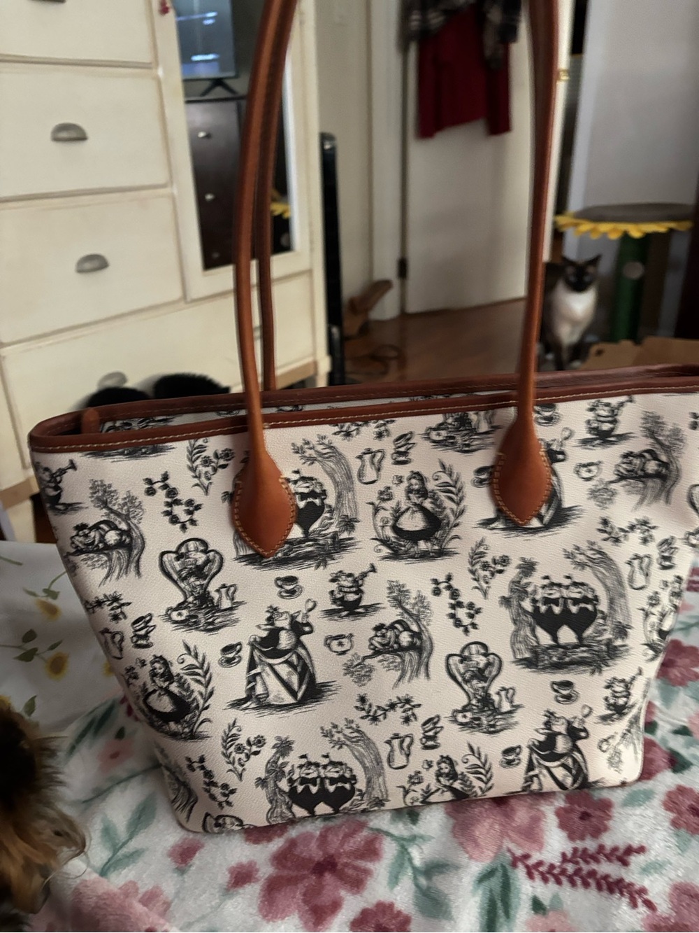 Dooney & Bourke Cream and Brown Printed Shoulder Tote - Picture 9 of 9